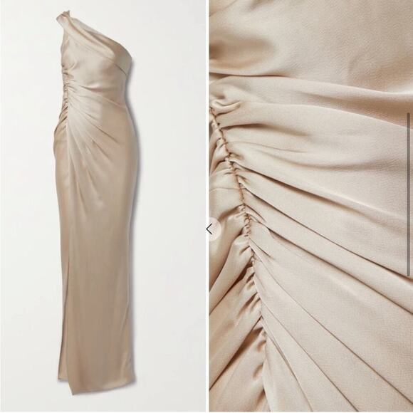 NWT Jonathan Simkhai Sahar One Shoulder Satin Column Gown in Almond - Picture 4 of 5